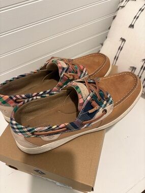 Sperry Tan Boat Shoes with Multicolor Plaid Trim